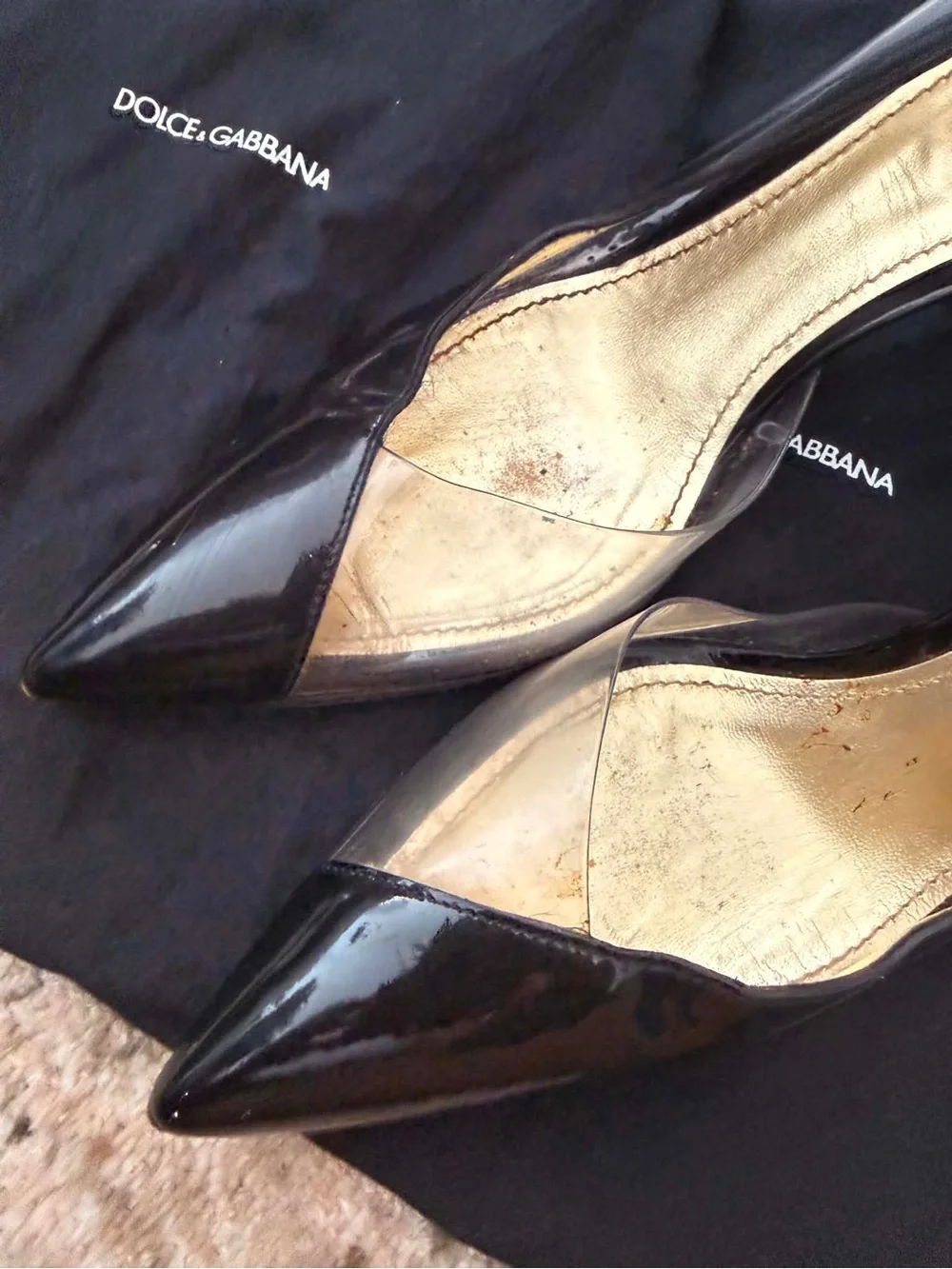 Dolce & Gabbana Black Patent Pointed-Toe Pumps with Gold Insole
